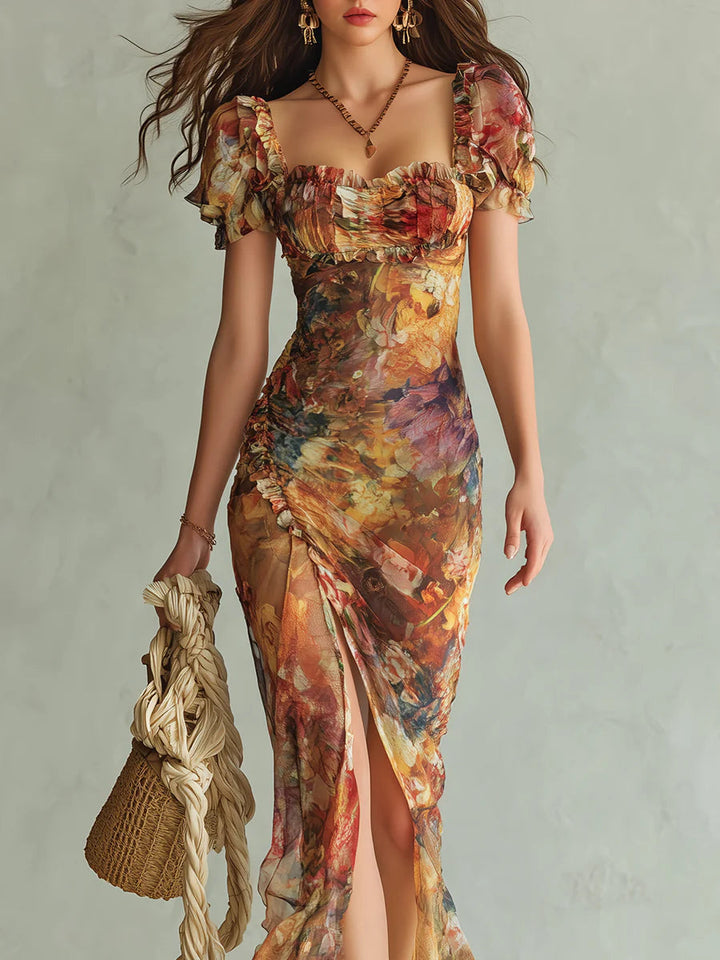 Viola - Long orange chiffon dress with bohemian-style oil painting print