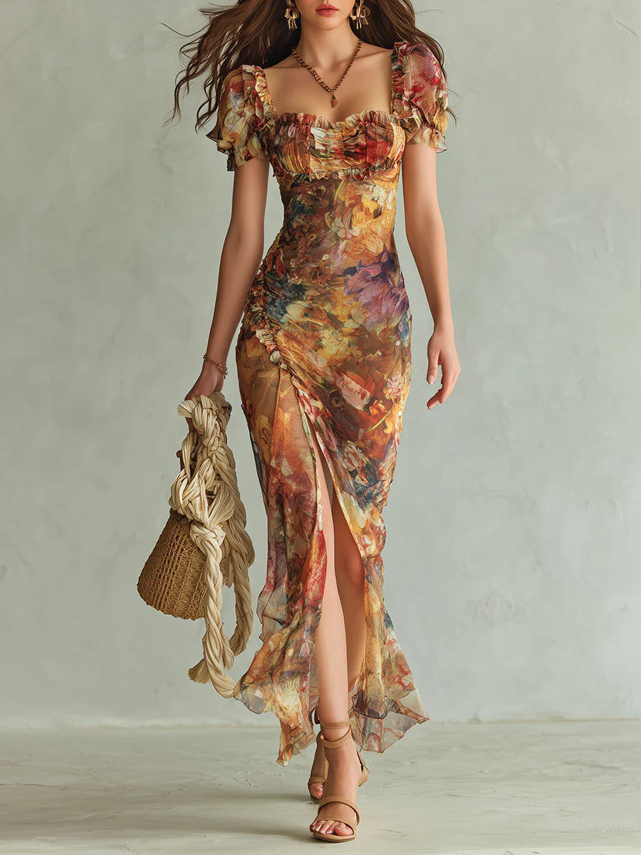 Viola - Long orange chiffon dress with bohemian-style oil painting print