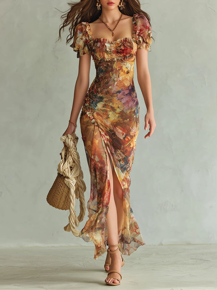 Viola - Long orange chiffon dress with bohemian-style oil painting print