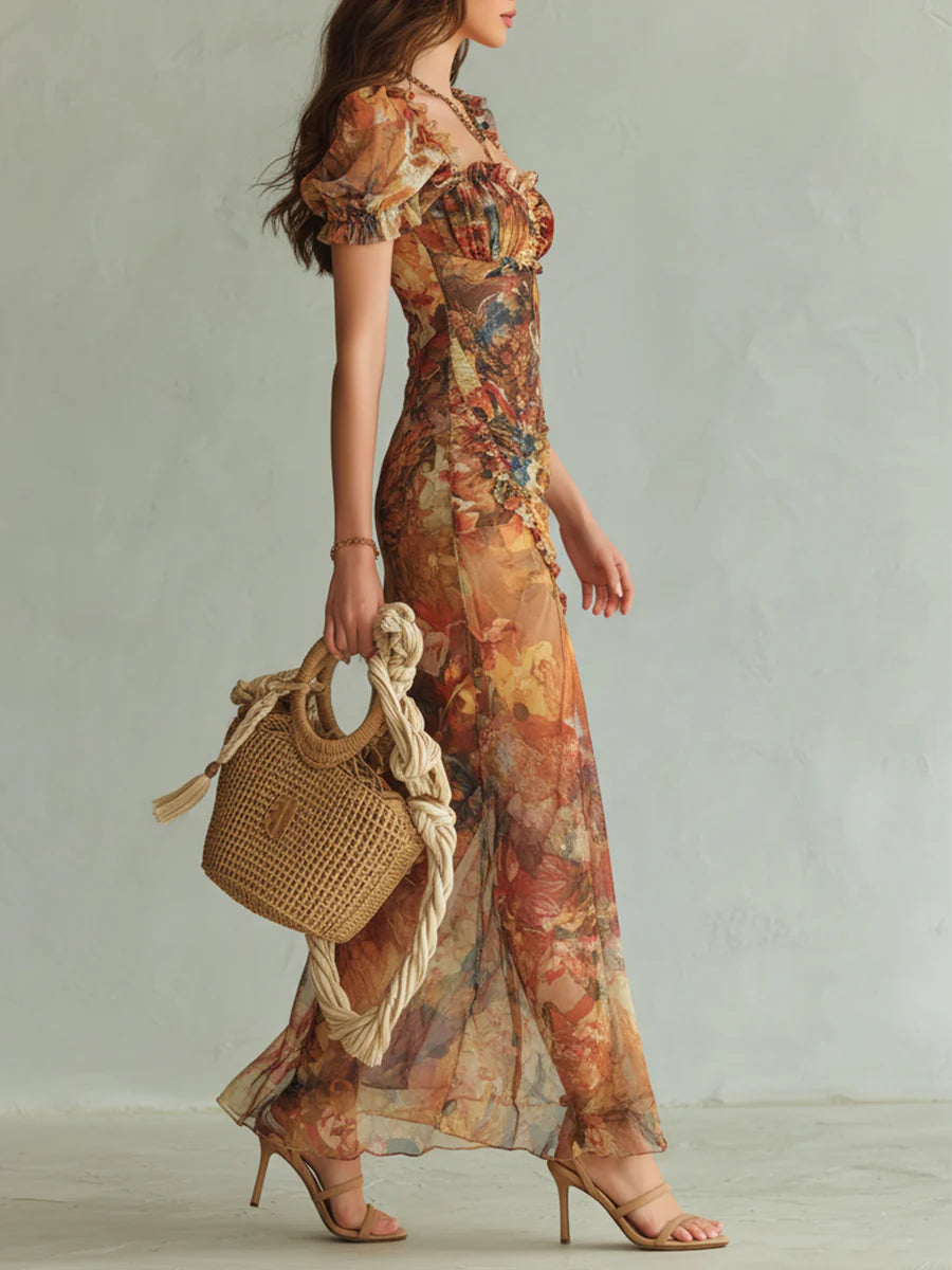 Viola - Long orange chiffon dress with bohemian-style oil painting print