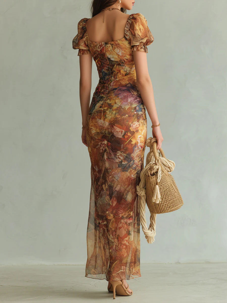 Viola - Long orange chiffon dress with bohemian-style oil painting print