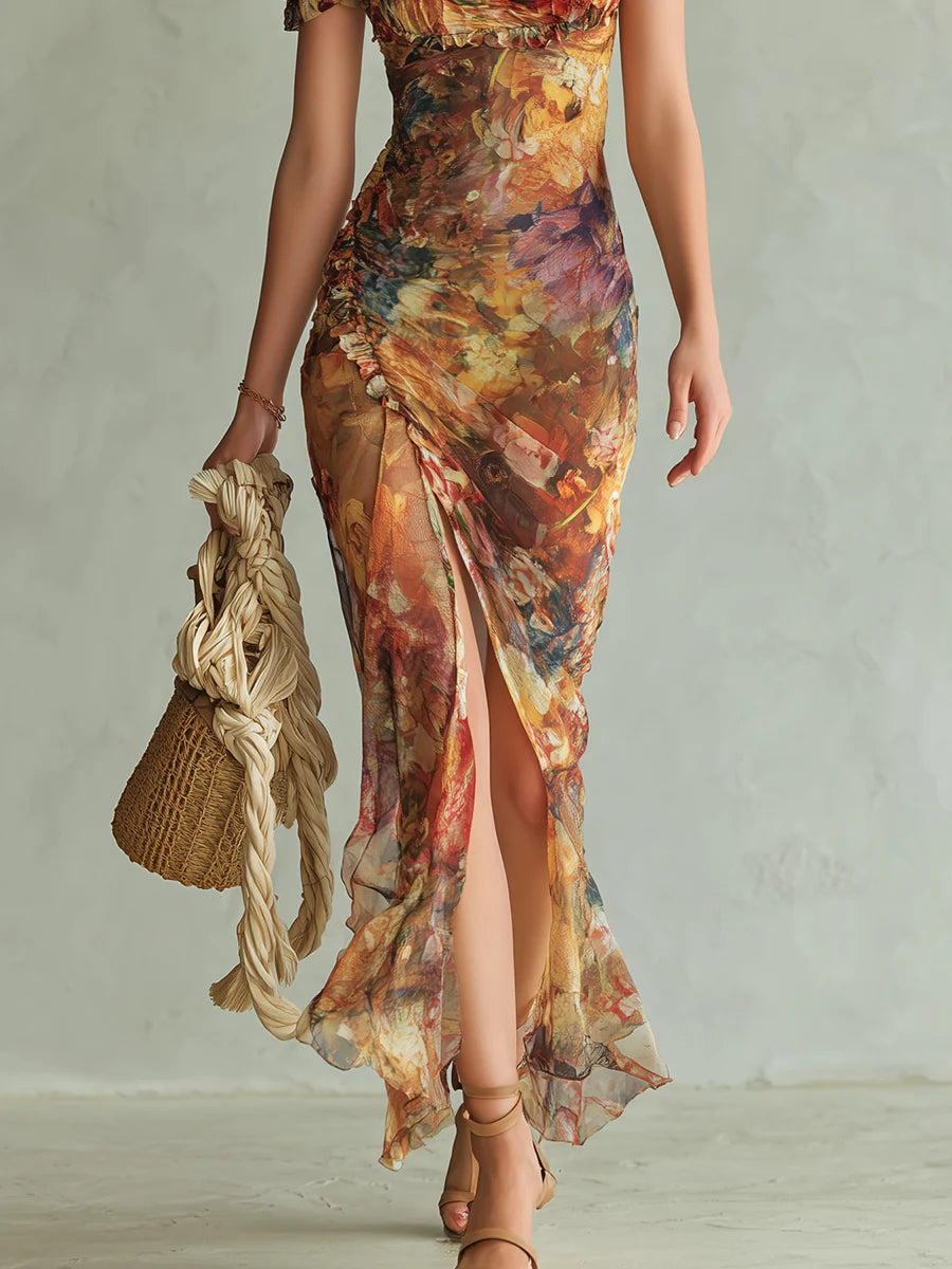 Viola - Long orange chiffon dress with bohemian-style oil painting print