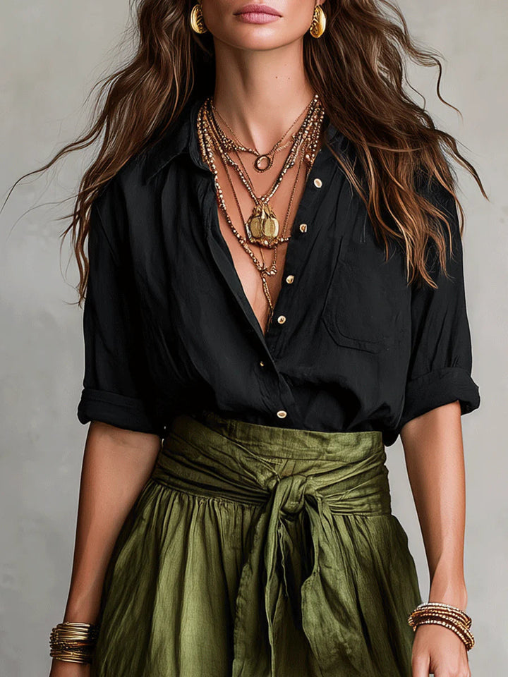 Vera - Two-Piece Set: Black T-Shirt and Olive Green Midi Skirt