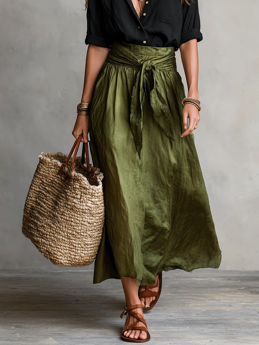 Vera - Two-Piece Set: Black T-Shirt and Olive Green Midi Skirt