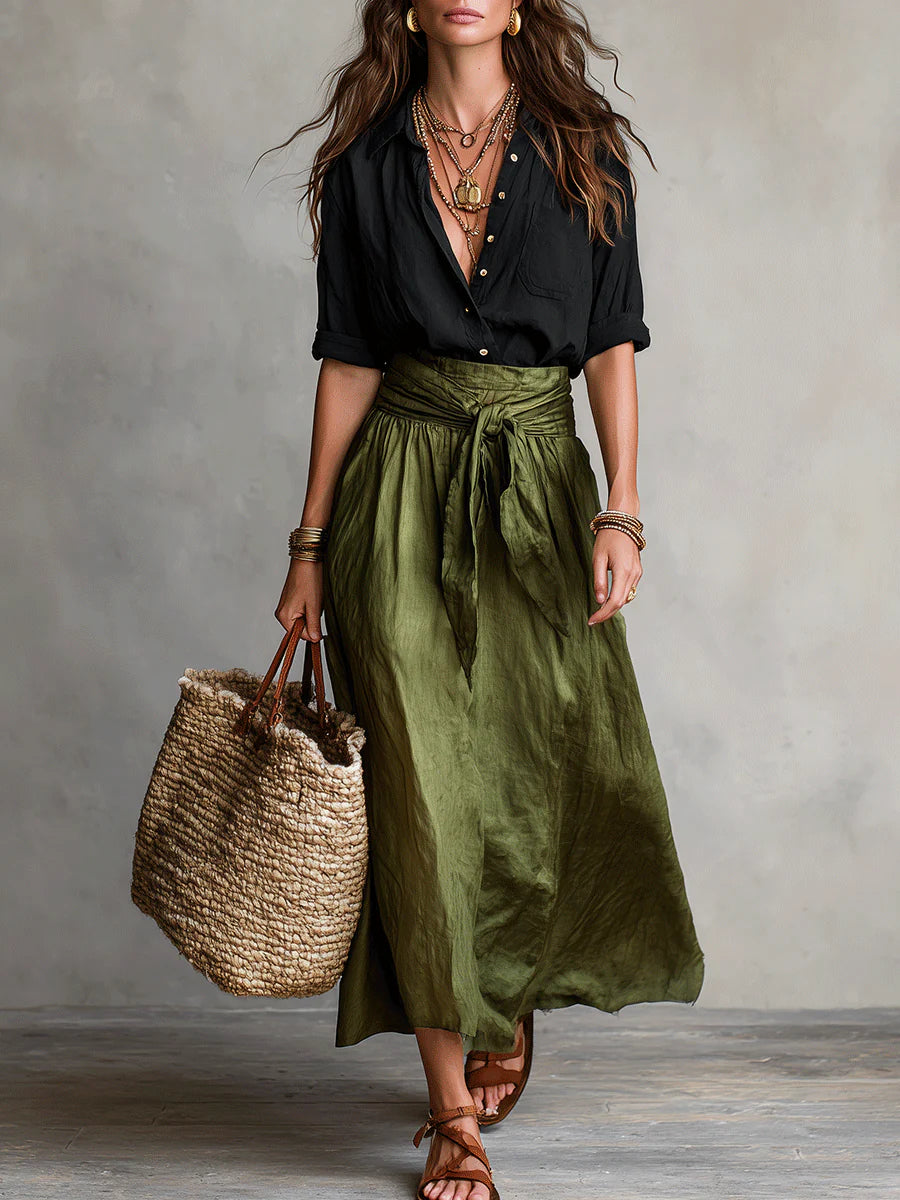 Vera - Two-Piece Set: Black T-Shirt and Olive Green Midi Skirt