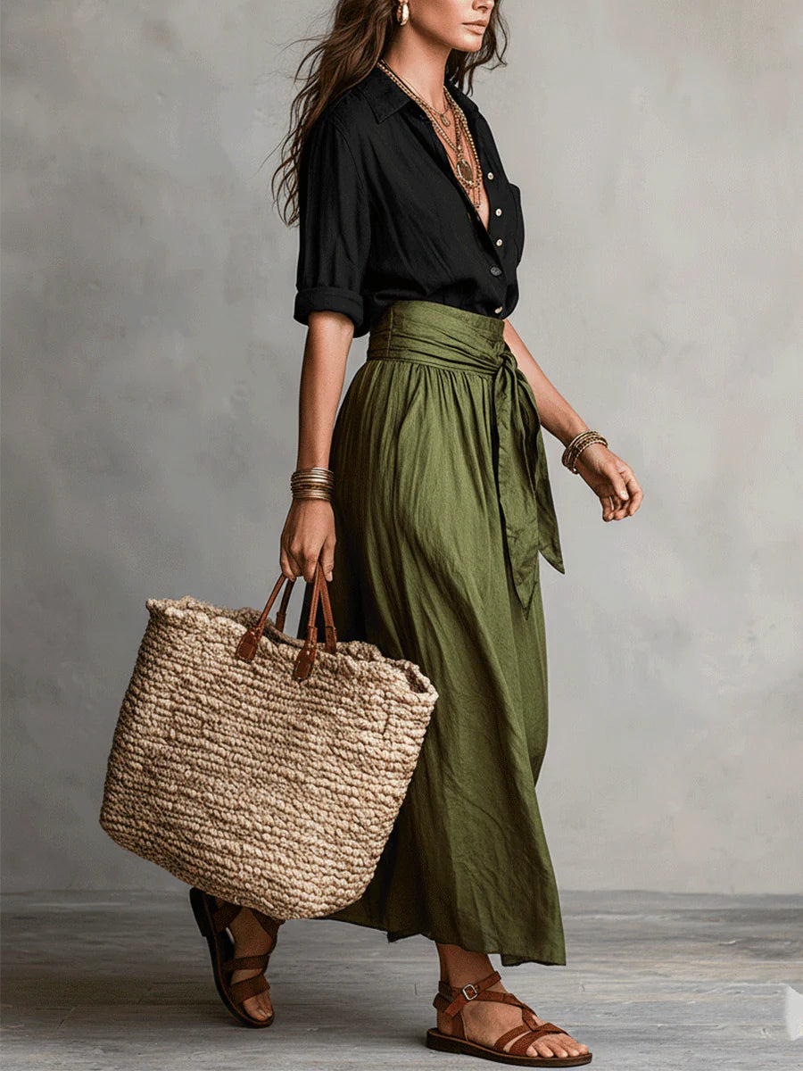 Vera - Two-Piece Set: Black T-Shirt and Olive Green Midi Skirt