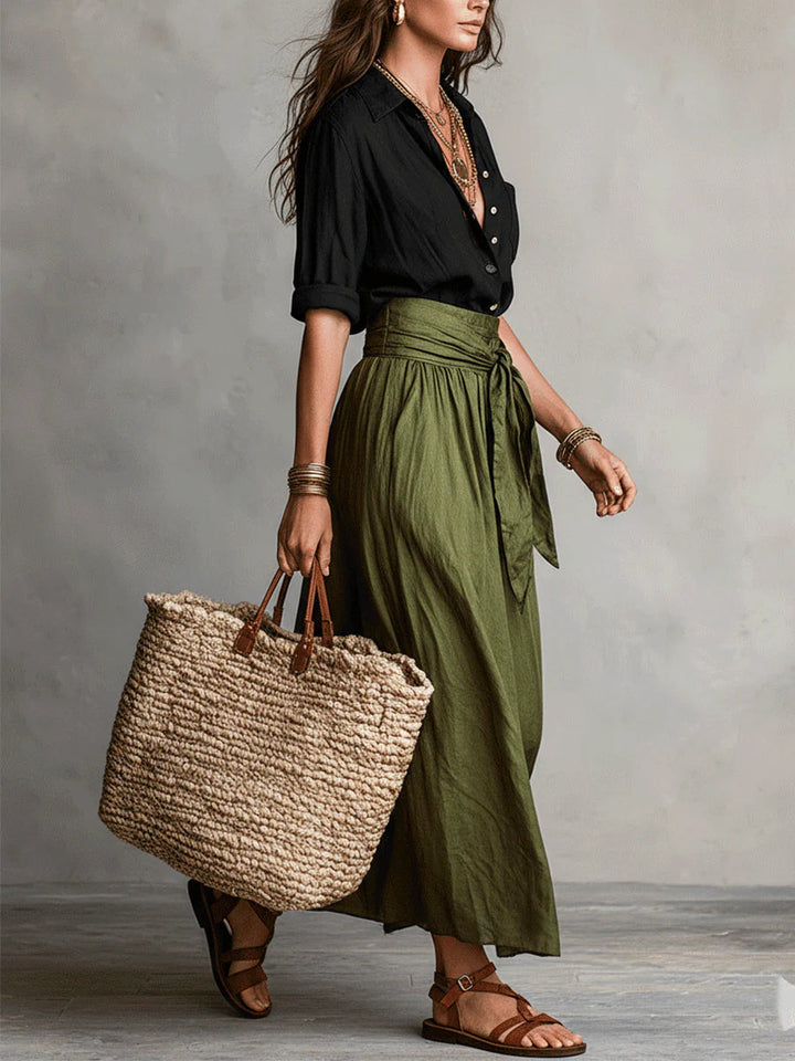 Vera - Two-Piece Set: Black T-Shirt and Olive Green Midi Skirt