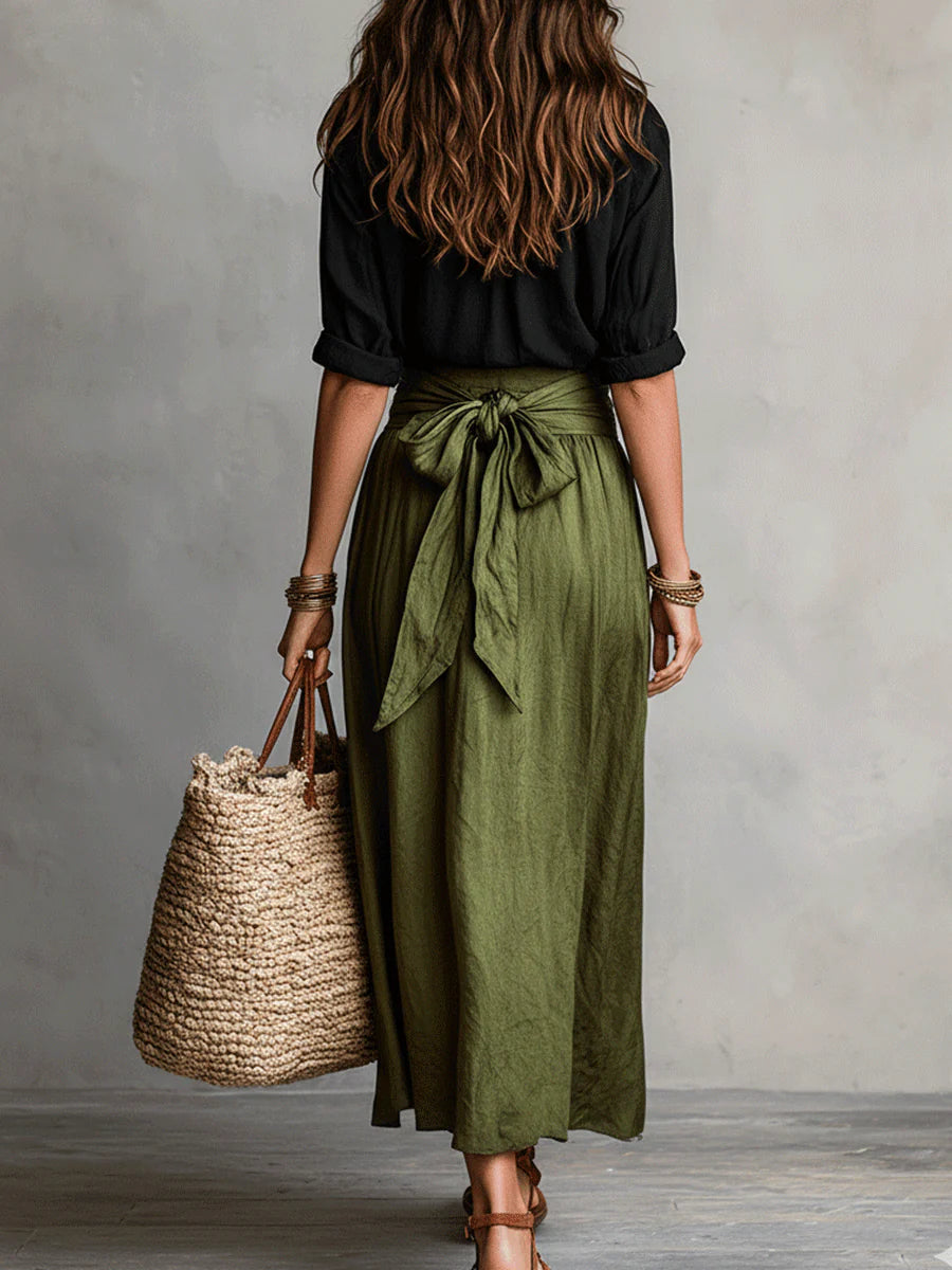 Vera - Two-Piece Set: Black T-Shirt and Olive Green Midi Skirt