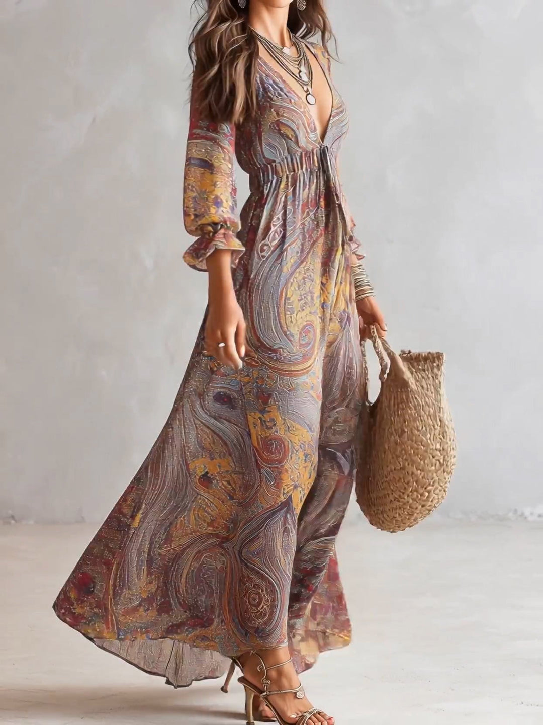Ash - Paisley Print V-neck Gathered Chiffon Maxi Dress