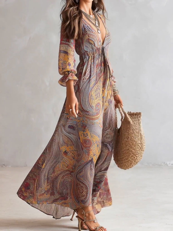 Ash - Paisley Print V-neck Gathered Chiffon Maxi Dress