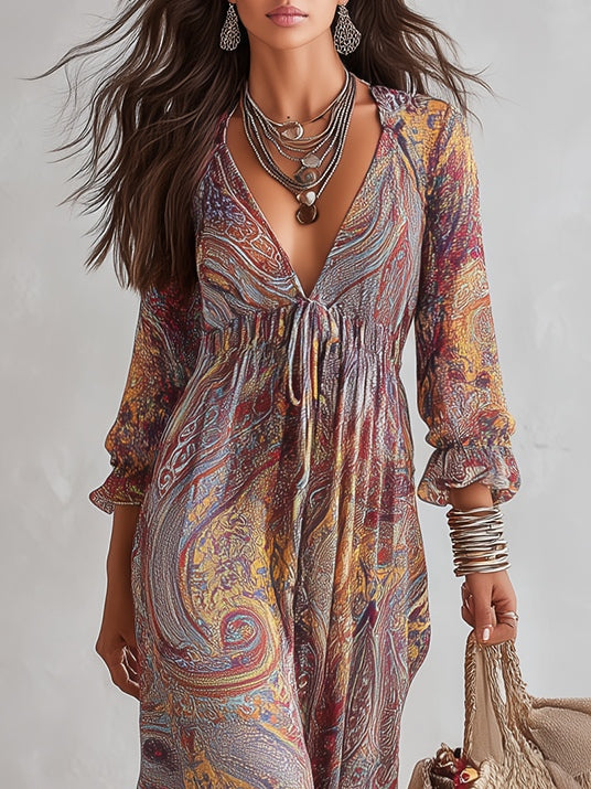 Ash - Paisley Print V-neck Gathered Chiffon Maxi Dress