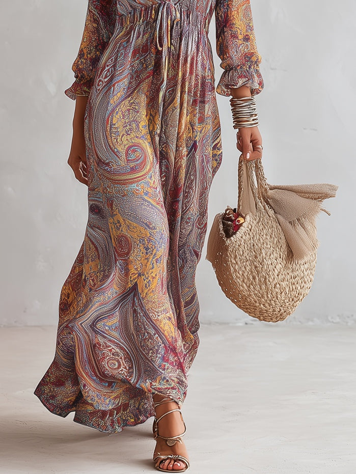 Ash - Paisley Print V-neck Gathered Chiffon Maxi Dress