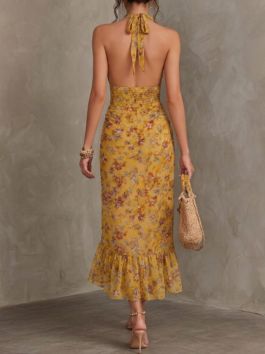 Emma - Ginger Yellow Floral Halter Neck Fitted Waist Chiffon Midi Dress