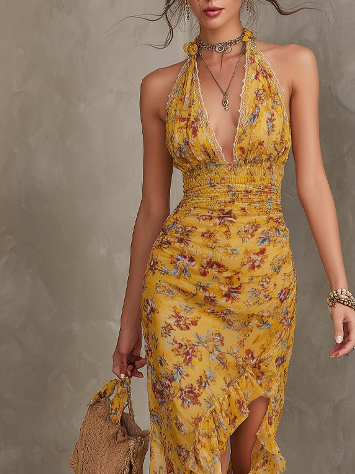 Emma - Ginger Yellow Floral Halter Neck Fitted Waist Chiffon Midi Dress