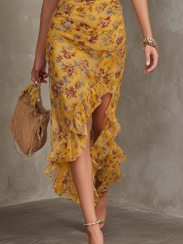 Emma - Ginger Yellow Floral Halter Neck Fitted Waist Chiffon Midi Dress