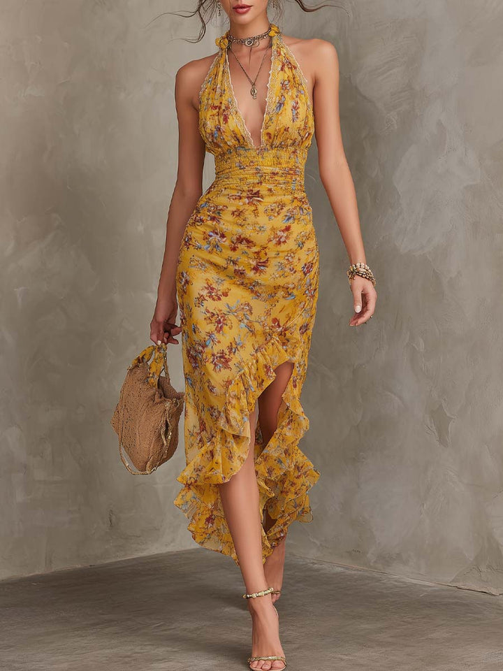 Emma - Ginger Yellow Floral Halter Neck Fitted Waist Chiffon Midi Dress