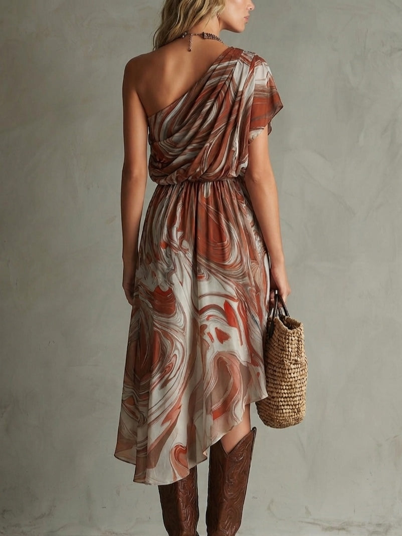 Rosa - Boho One-shoulder Irregular Marble Abstract Print Chiffon Midi Dress