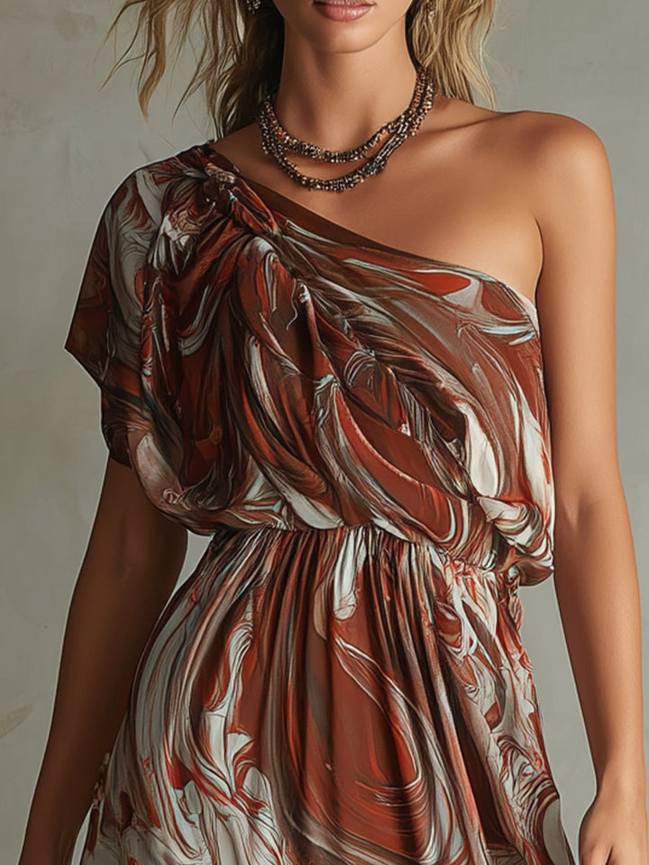 Rosa - Boho One-shoulder Irregular Marble Abstract Print Chiffon Midi Dress