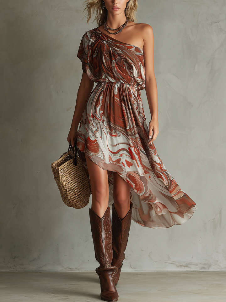 Rosa - Boho One-shoulder Irregular Marble Abstract Print Chiffon Midi Dress