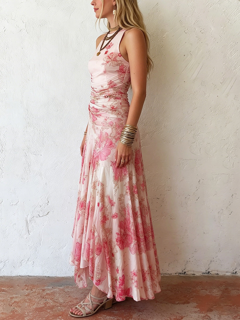 Katty - Pink Floral Chiffon Pleated Print Sleeveless Midi Dress