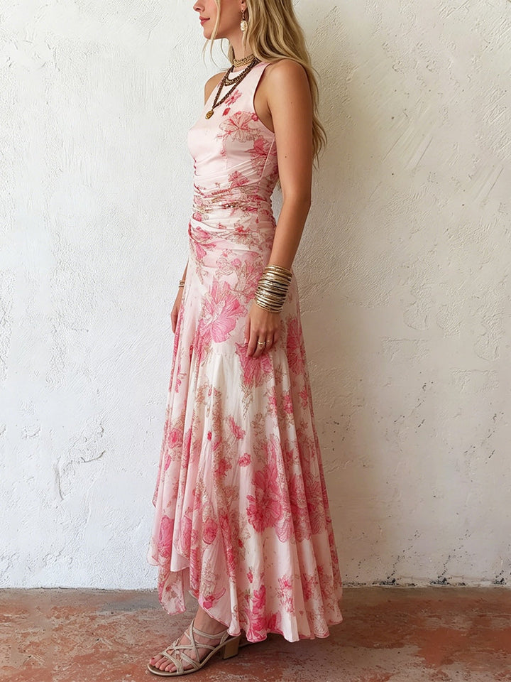 Katty - Pink Floral Chiffon Pleated Print Sleeveless Midi Dress