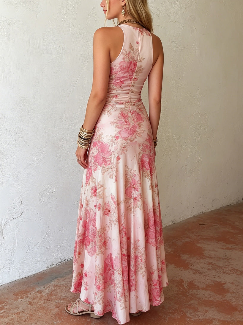 Katty - Pink Floral Chiffon Pleated Print Sleeveless Midi Dress