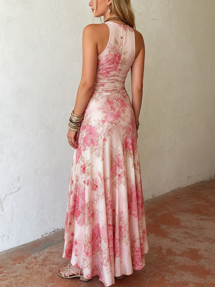 Katty - Pink Floral Chiffon Pleated Print Sleeveless Midi Dress