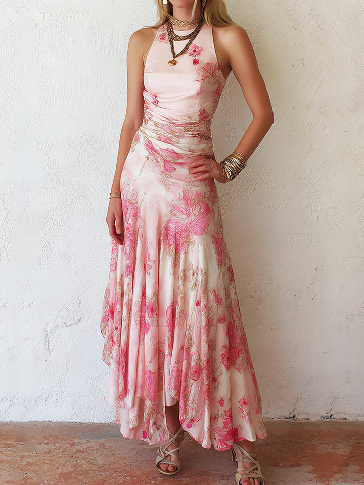 Katty - Pink Floral Chiffon Pleated Print Sleeveless Midi Dress
