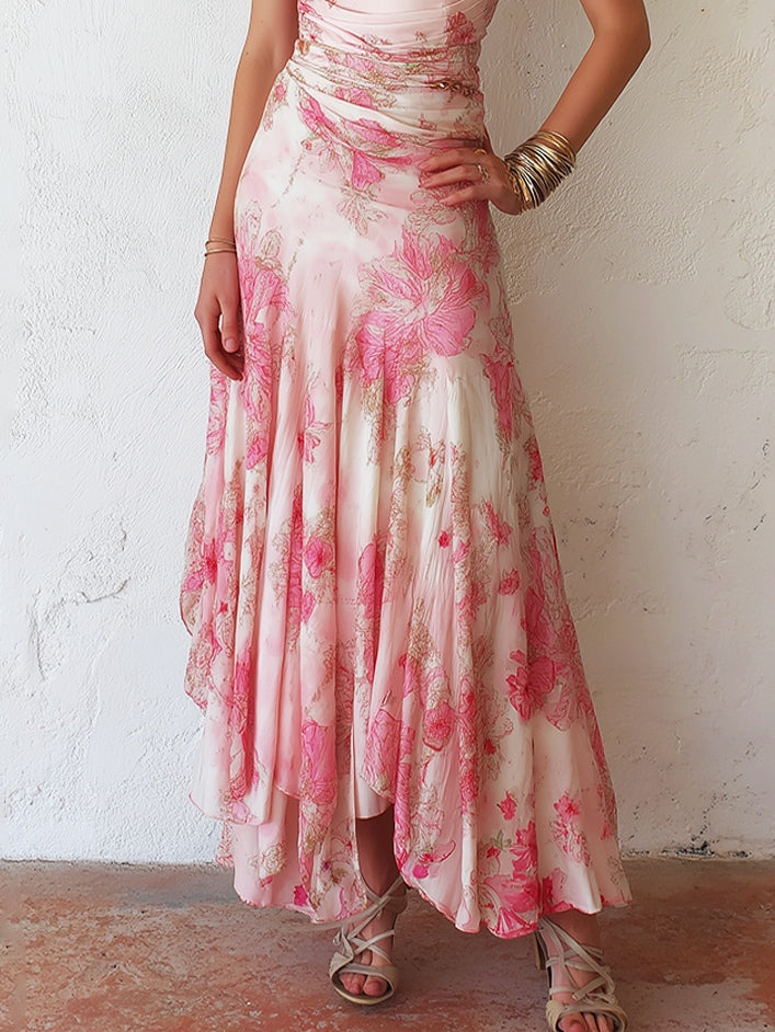 Katty - Pink Floral Chiffon Pleated Print Sleeveless Midi Dress
