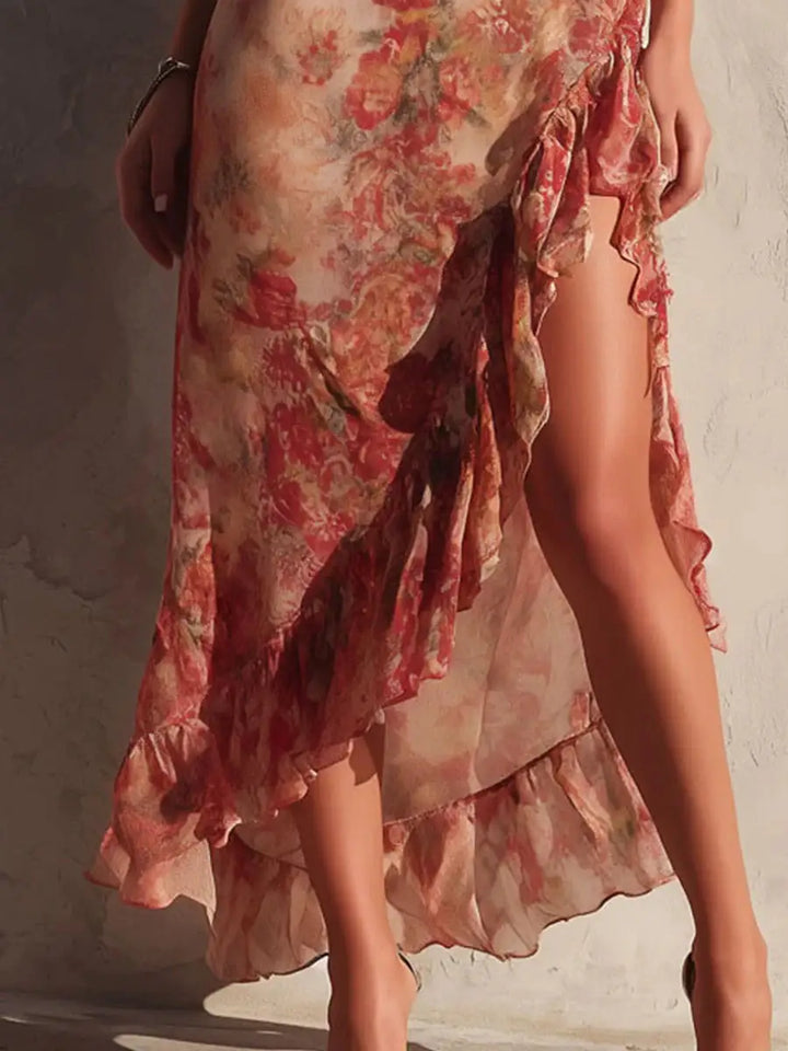 Camilla - Asymmetric Floral Dress with Slit and Ruffles