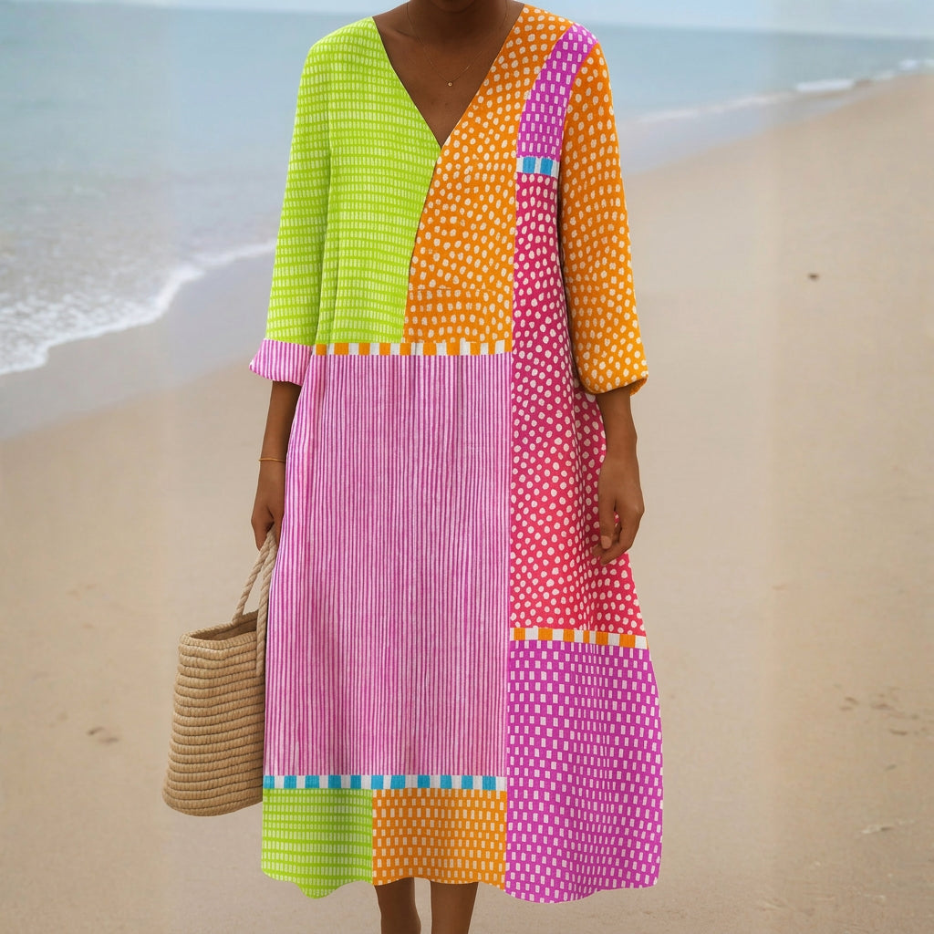 Fatima - Colourful Patchwork Dress with Dots and Stripes