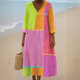 Fatima - Colourful Patchwork Dress with Dots and Stripes