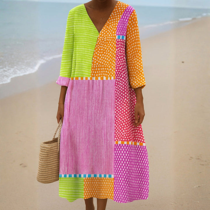 Fatima - Colourful Patchwork Dress with Dots and Stripes
