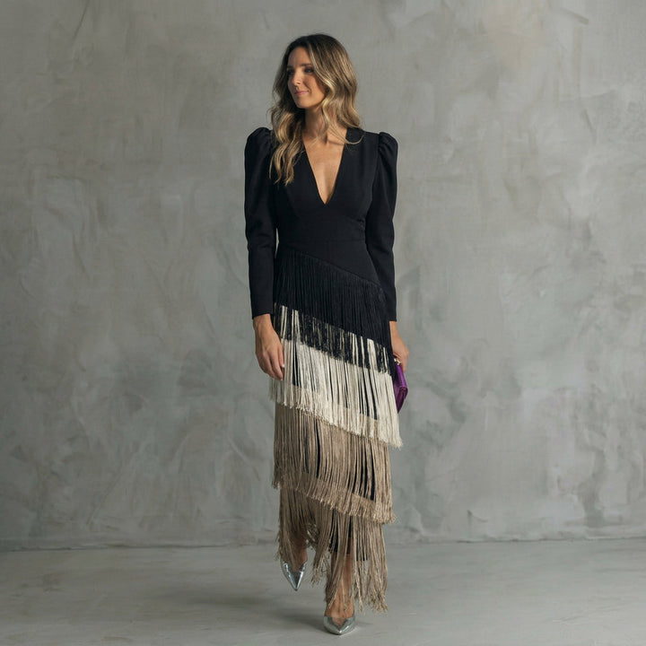 Gabrielle - Long Fringe Dress with V-Neck