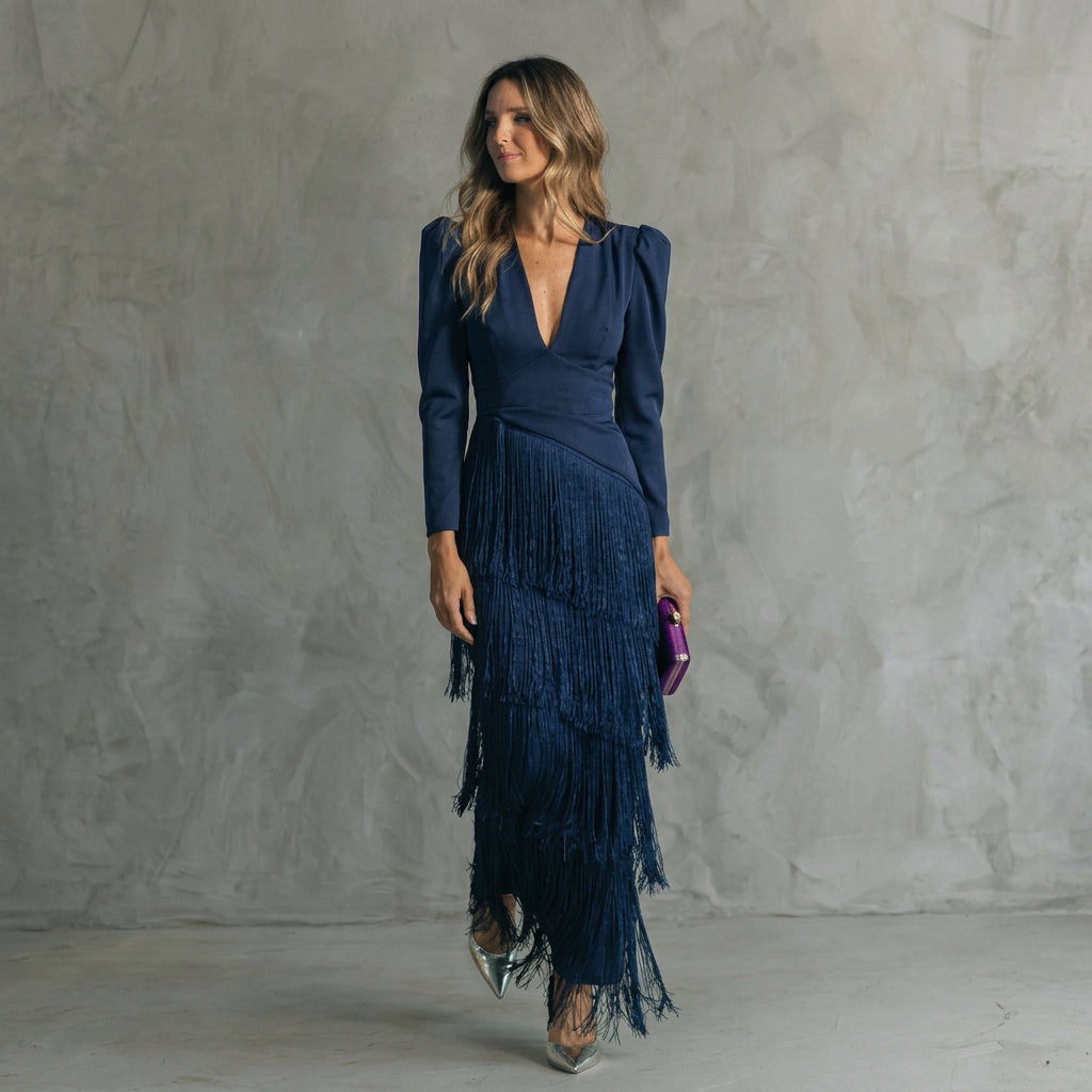 Gabrielle - Long Fringe Dress with V-Neck