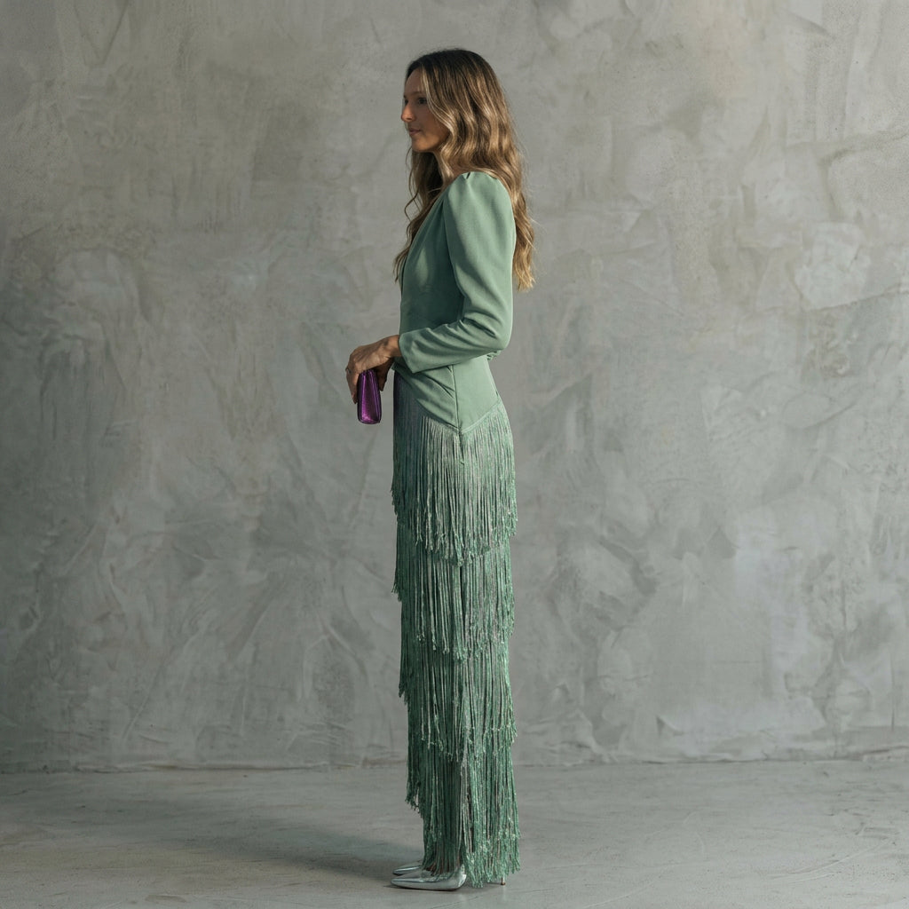 Gabrielle - Long Fringe Dress with V-Neck