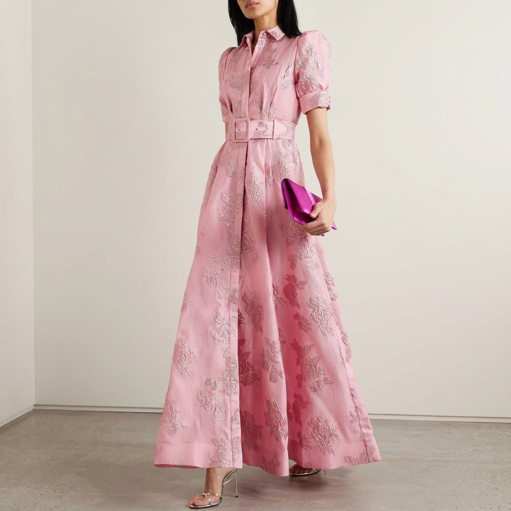 Matilda - Long Dress in Floral Jacquard with Belt