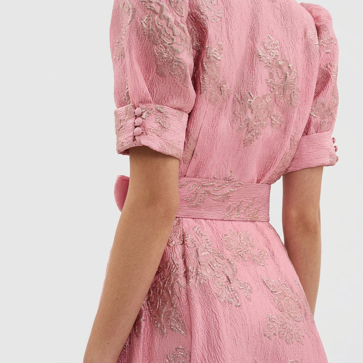 Matilda - Long Dress in Floral Jacquard with Belt