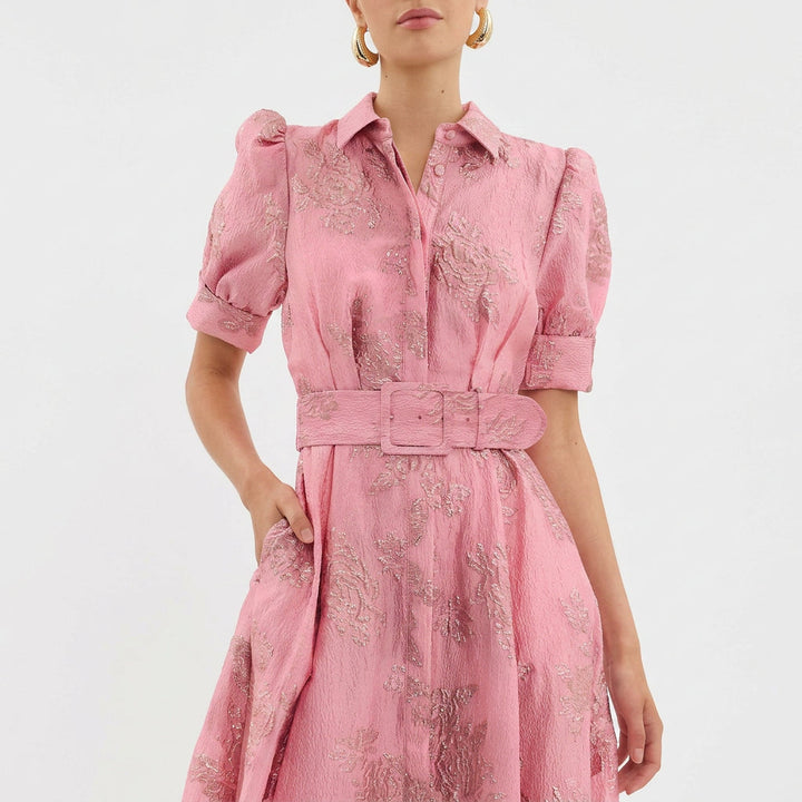 Matilda - Long Dress in Floral Jacquard with Belt