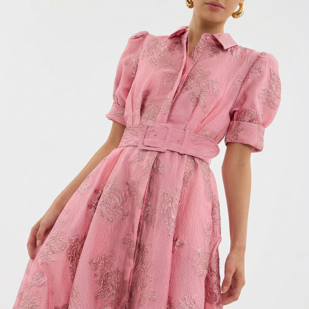 Matilda - Long Dress in Floral Jacquard with Belt