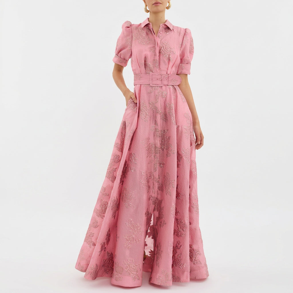 Matilda - Long Dress in Floral Jacquard with Belt
