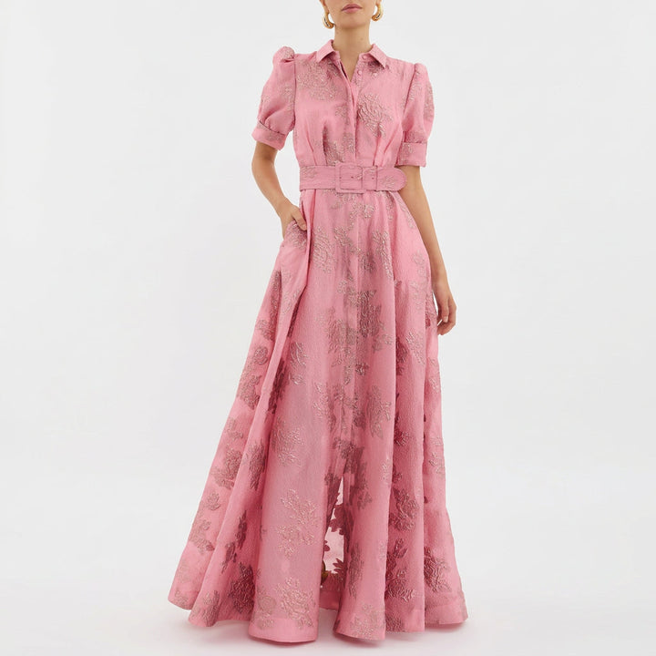 Matilda - Long Dress in Floral Jacquard with Belt
