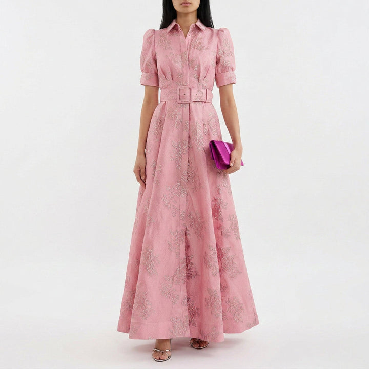 Matilda - Long Dress in Floral Jacquard with Belt