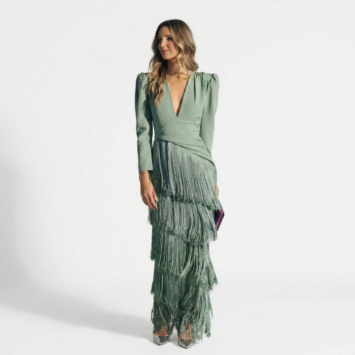 Gabrielle - Long Fringe Dress with V-Neck