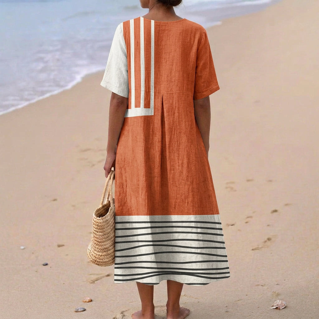 Selene - Terracotta Dress with Graphic Stripes