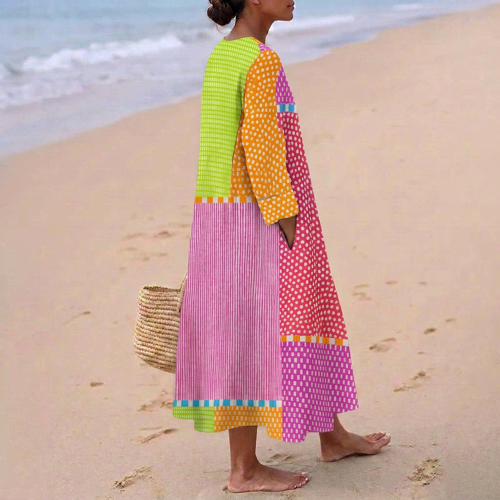 Fatima - Colourful Patchwork Dress with Dots and Stripes