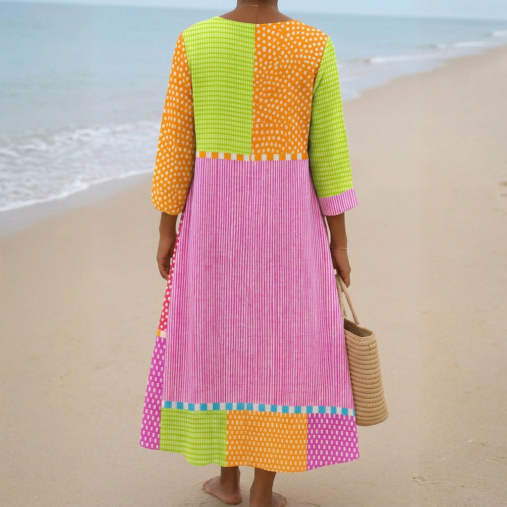 Fatima - Colourful Patchwork Dress with Dots and Stripes