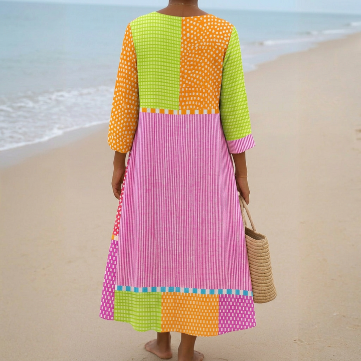 Fatima - Colourful Patchwork Dress with Dots and Stripes