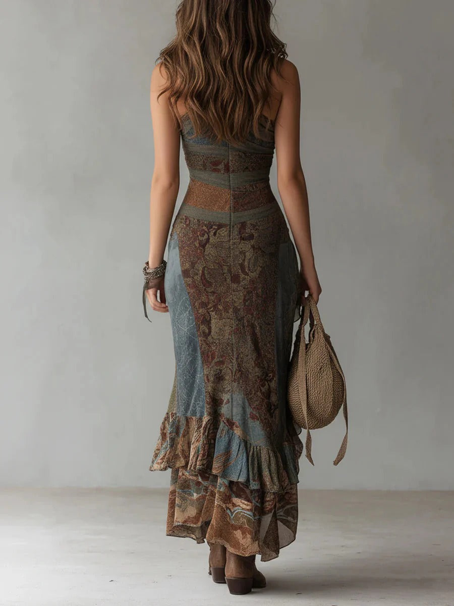 María - Asymmetrical long dress with ethnic print and side slit