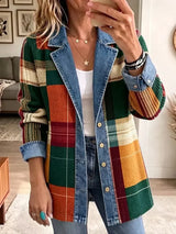 Claire | Retro Plaid Art-Print Denim Jacket